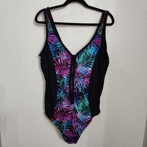 Swimsuits For All Zip Front One Piece Women's Size 26 Tropical Print